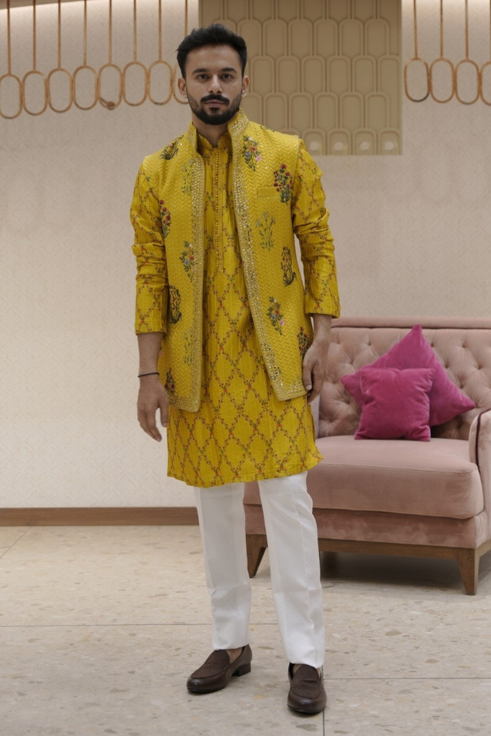 Yellow Silk Kurta Set with Sequin Mirror Thread Embroidery