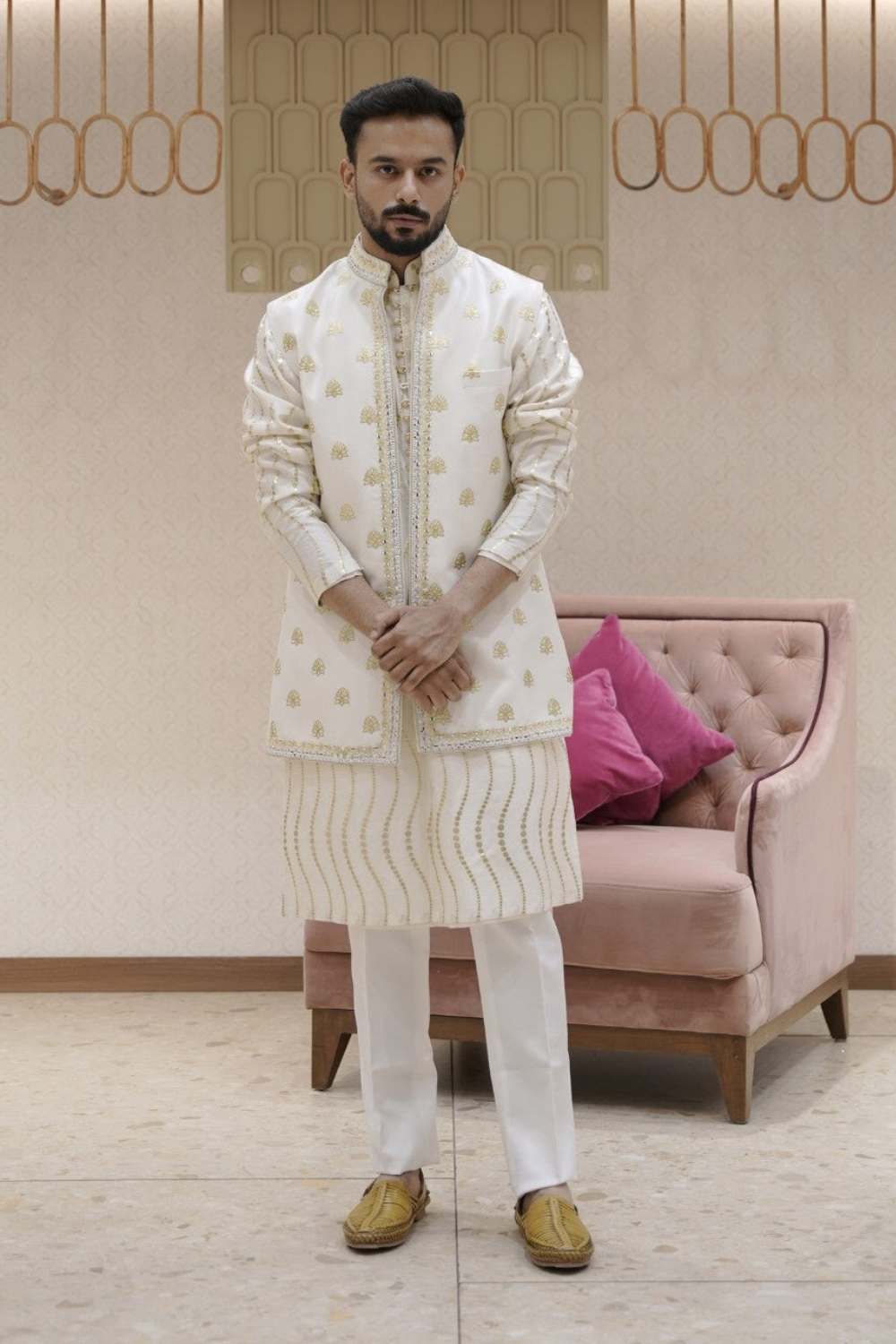 Cream Silk Kurta Set with Silver Thread Embroidered Jacket