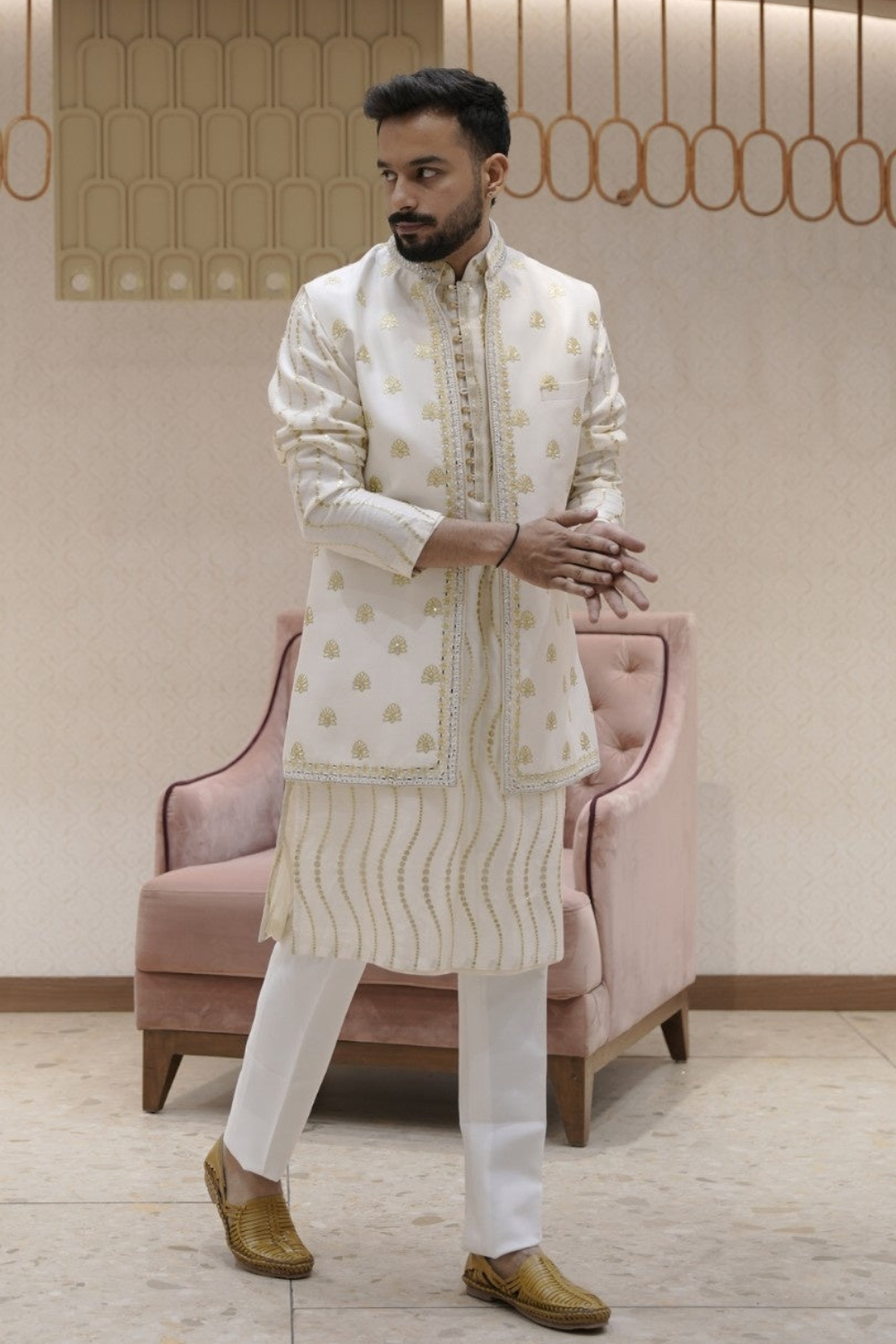 Cream Silk Kurta Set with Silver Thread Embroidered Jacket