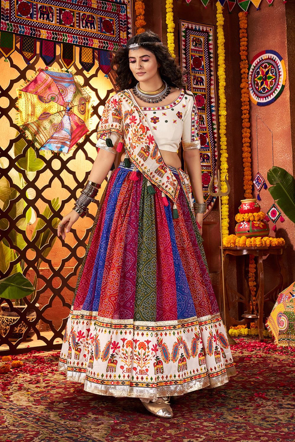 Multicolor Georgette Mirror Work Navratri Chaniya Choli