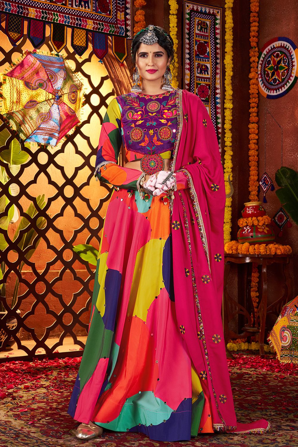 Multicolor Muslin Mirror Work Lehenga for Navratri with White Dupatta