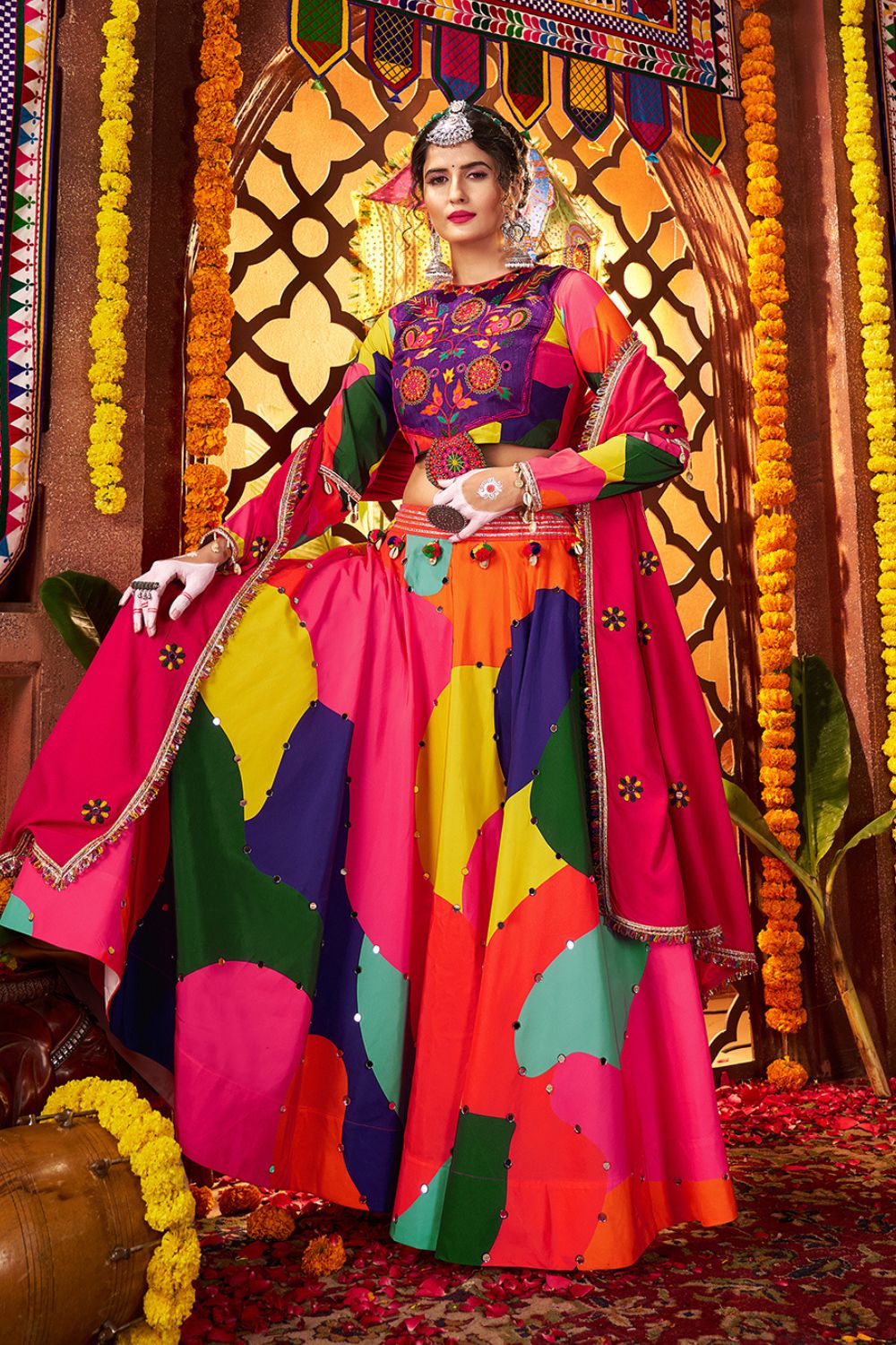 Multicolor Muslin Mirror Work Lehenga for Navratri with White Dupatta