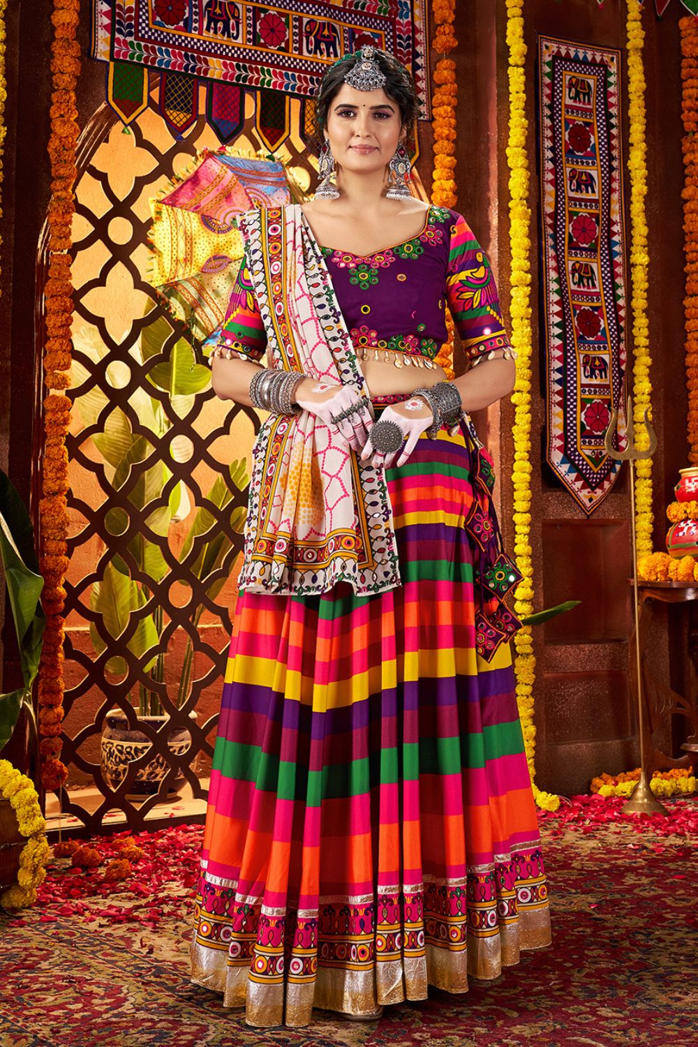 Multicolor Muslin Garba Lehenga with Heavy Mirror Work