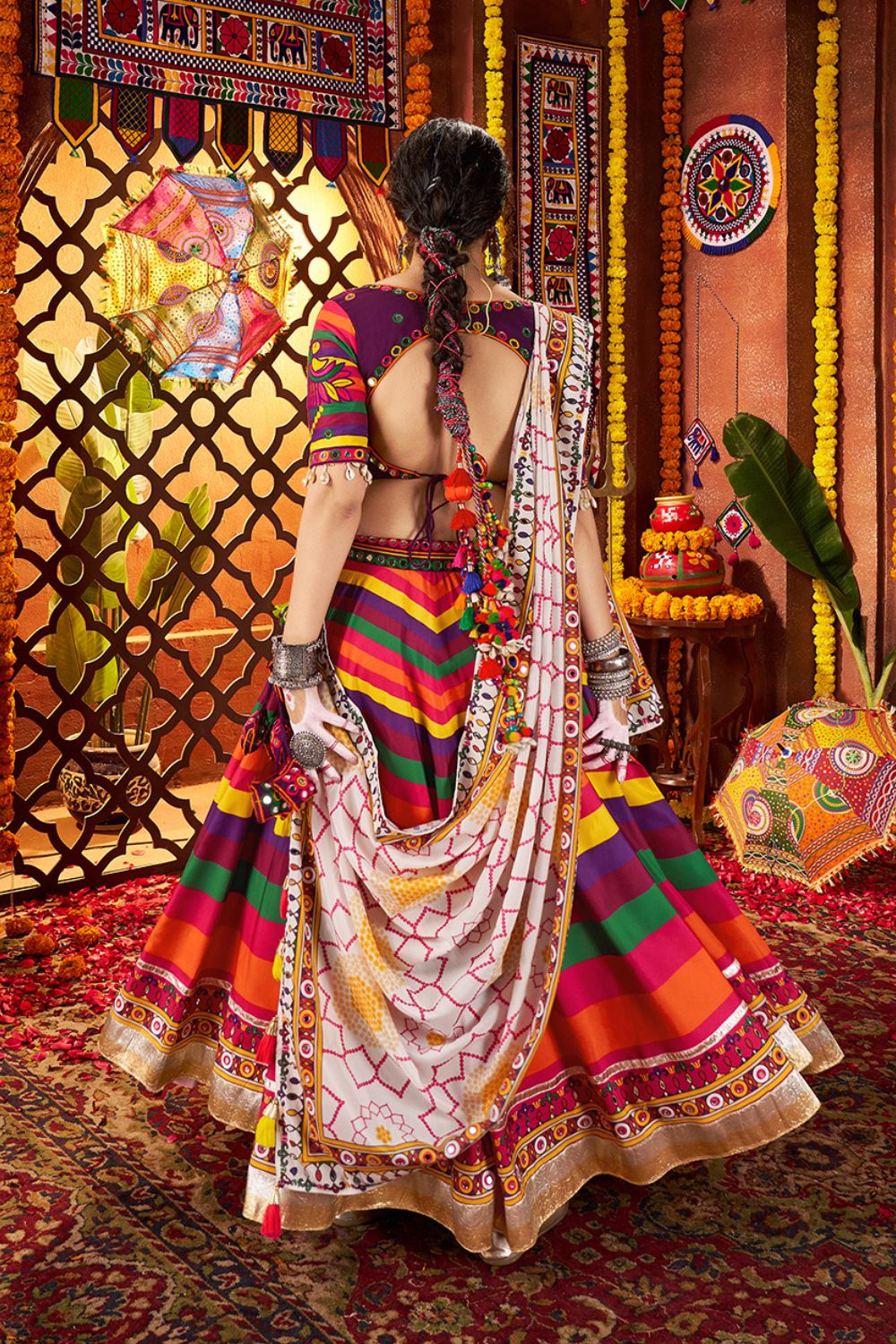 Multicolor Muslin Garba Lehenga with Heavy Mirror Work