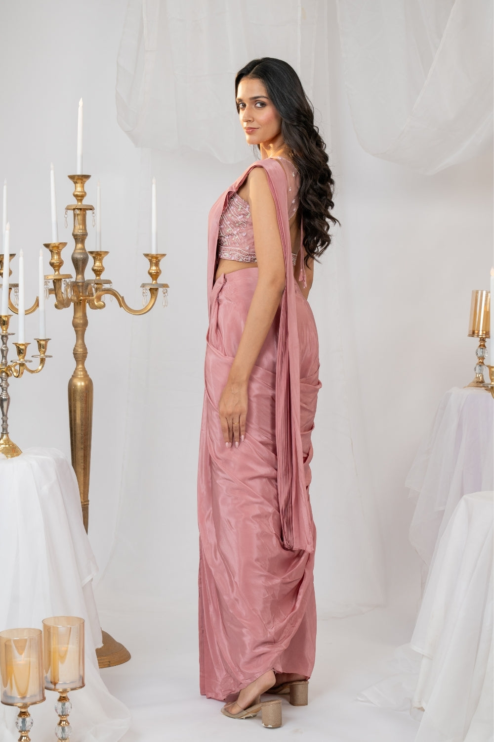 Mauve Satin Silk Pre-Draped Saree with Sequins and Pearl Work