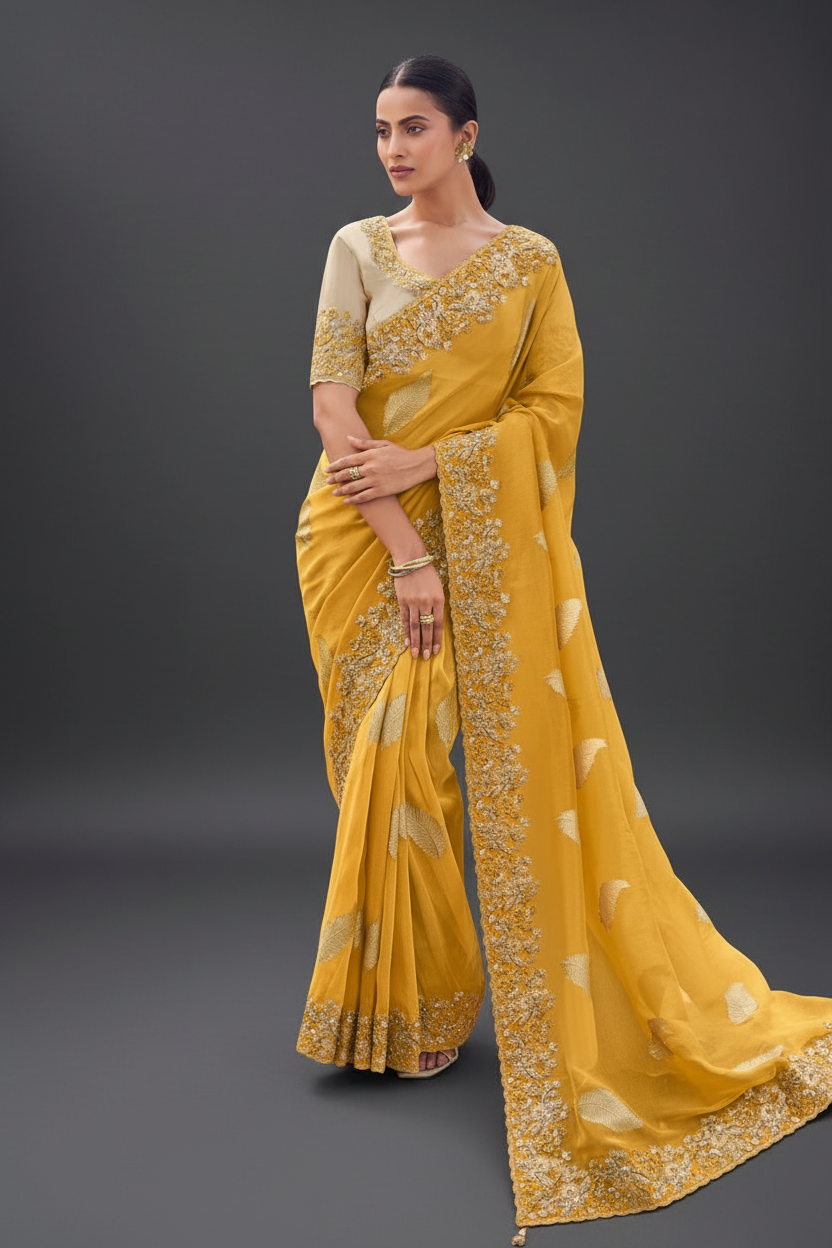 Yellow Georgette Rehsma Embroidery Work Saree