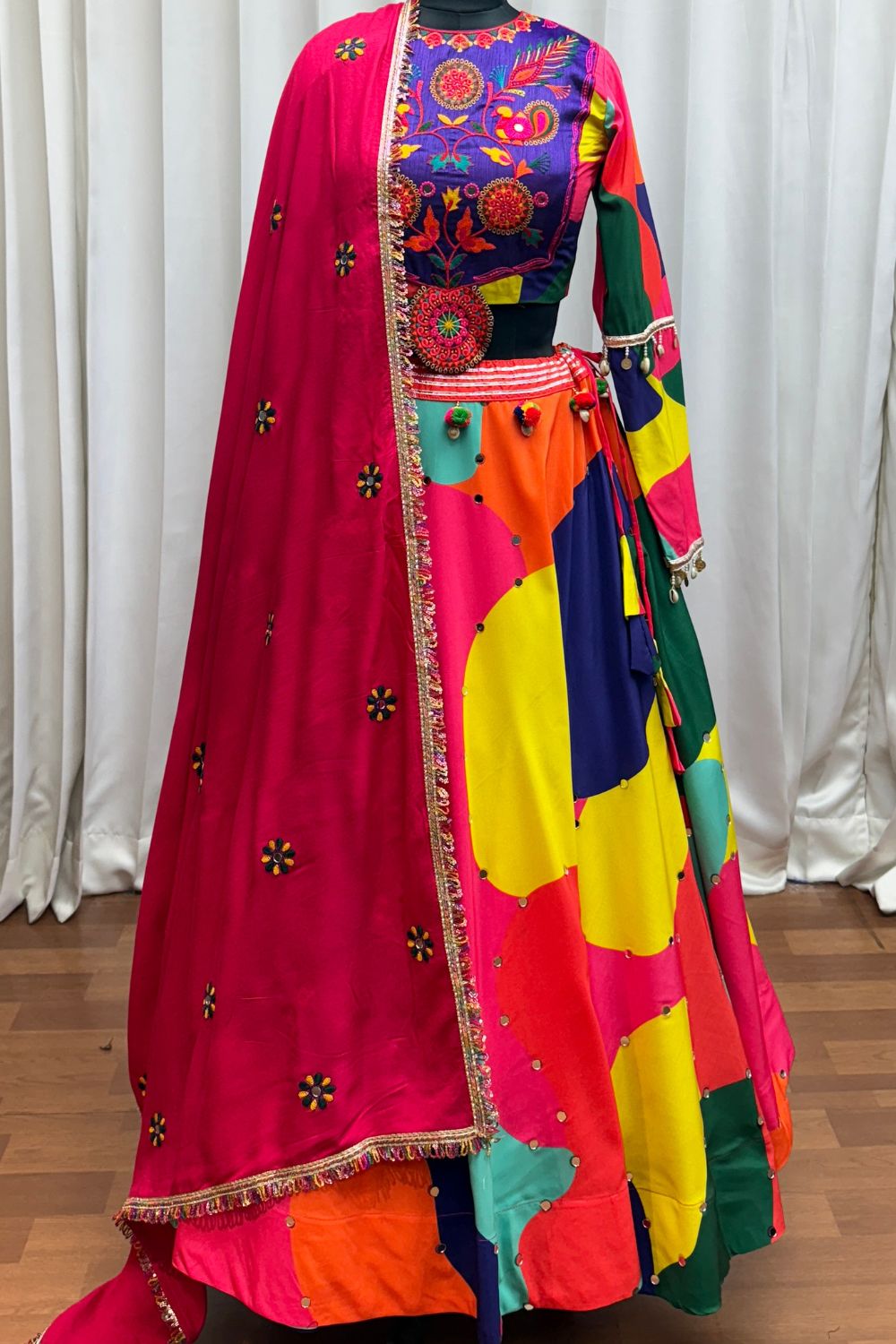 Multicolor Muslin Mirror Work Lehenga for Navratri with White Dupatta