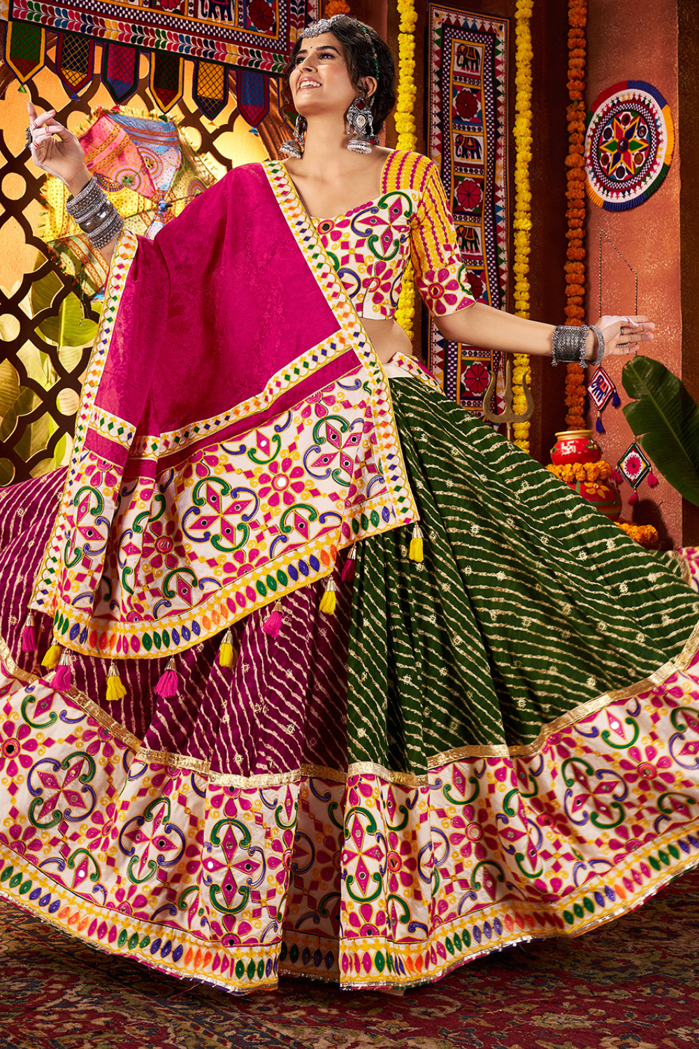 Multi Color Viscose Cotton Navratri Lehenga Choli With Embroidery And Mirror Work
