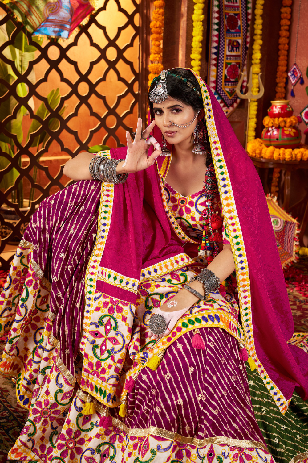 Multi Color Viscose Cotton Navratri Lehenga Choli With Embroidery And Mirror Work