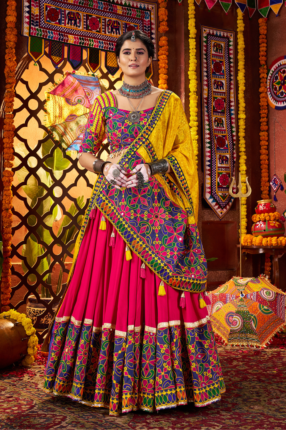 MULTI COLOR VISCOSE COTTON THREAD EMBROIDERED WITH MIRROR WORK NAVRATRI LEHENGA CHOLI