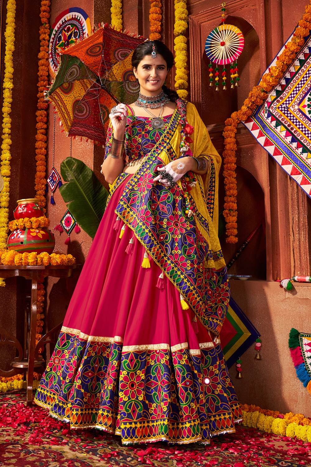 MULTI COLOR VISCOSE COTTON THREAD EMBROIDERED WITH MIRROR WORK NAVRATRI LEHENGA CHOLI