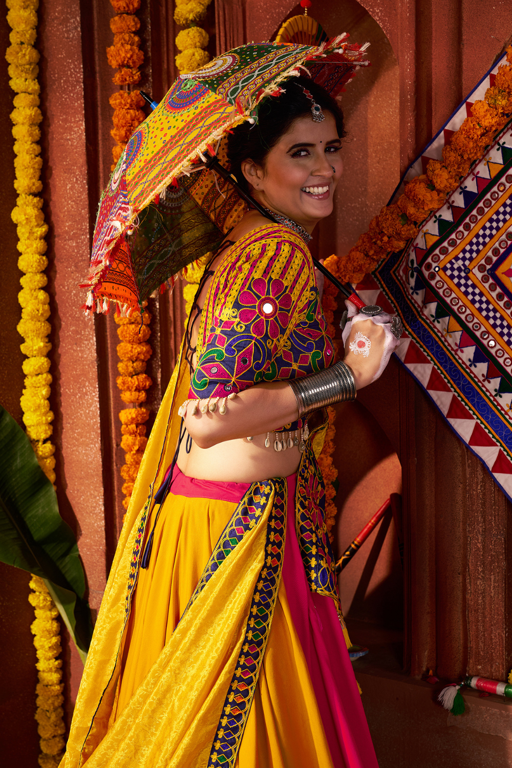 MULTI COLOR VISCOSE COTTON THREAD EMBROIDERED WITH MIRROR WORK NAVRATRI LEHENGA CHOLI
