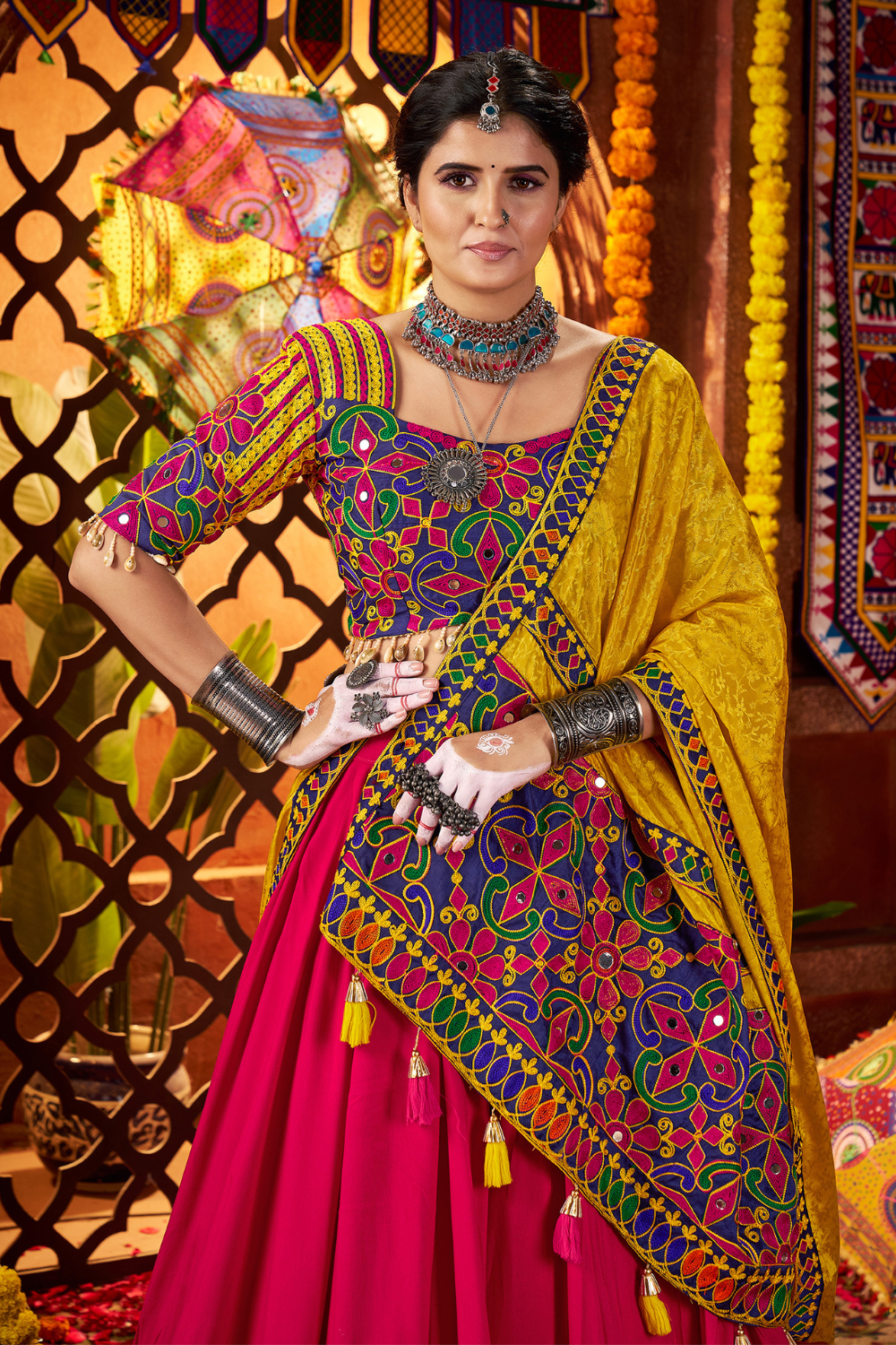MULTI COLOR VISCOSE COTTON THREAD EMBROIDERED WITH MIRROR WORK NAVRATRI LEHENGA CHOLI