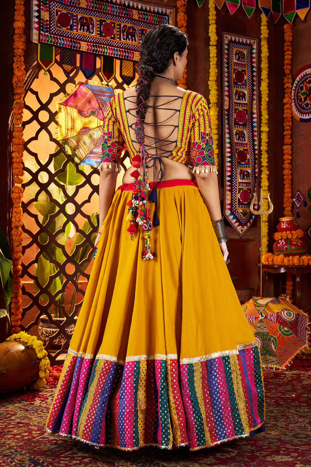 MULTI COLOR VISCOSE COTTON THREAD EMBROIDERED WITH MIRROR WORK NAVRATRI LEHENGA CHOLI