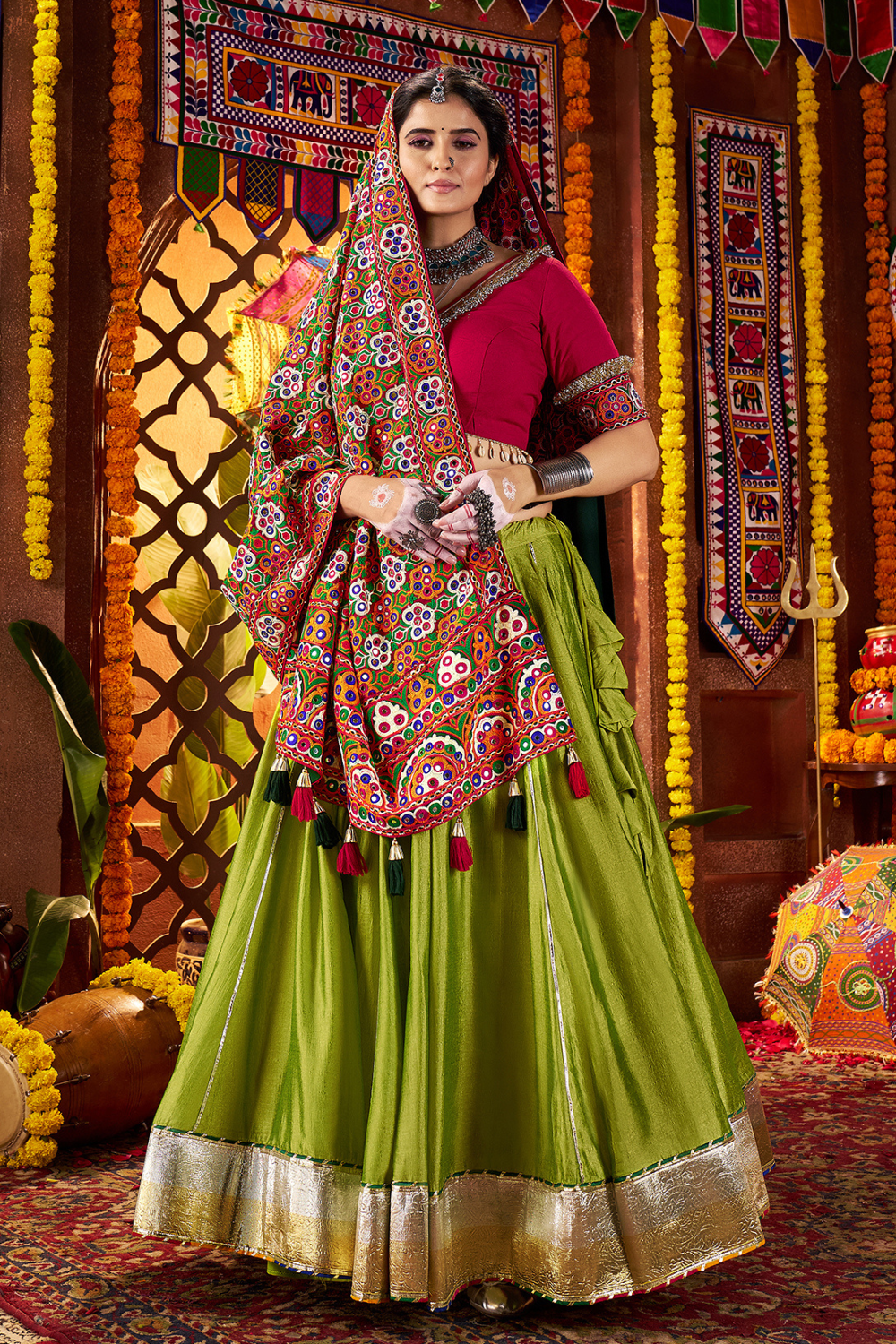 FLUORESCENT GREEN SILK THREAD AND MIRROR WORK NAVRATRI LEHENGA CHOLI