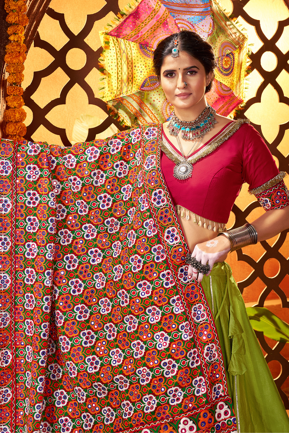 FLUORESCENT GREEN SILK THREAD AND MIRROR WORK NAVRATRI LEHENGA CHOLI