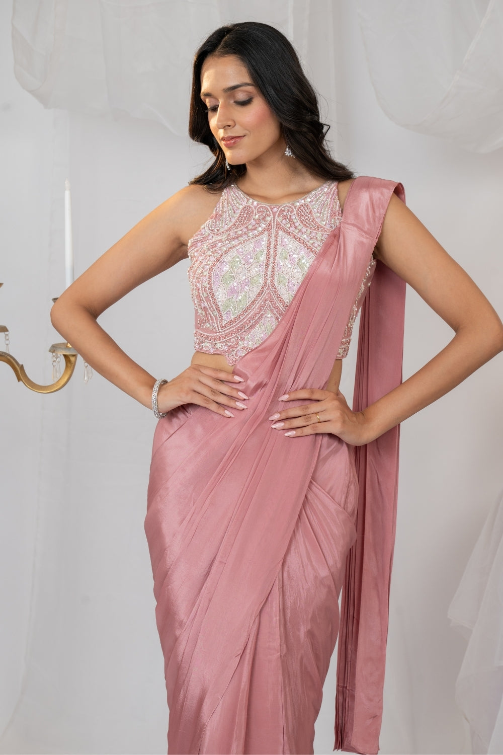 Mauve Satin Silk Pre-Draped Saree with Sequins and Pearl Work