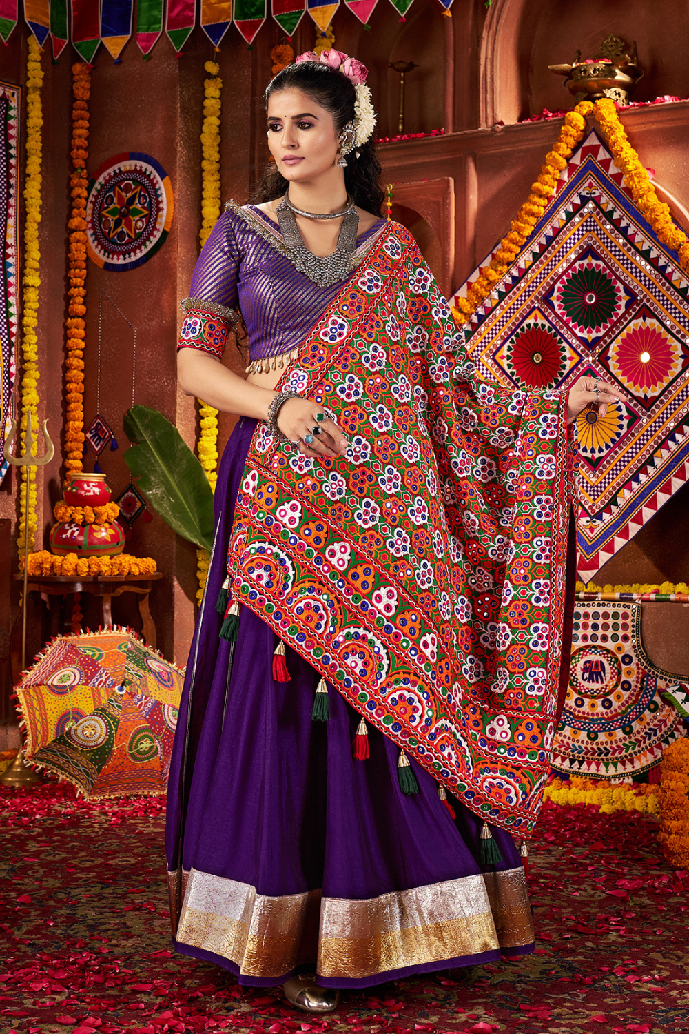 PURPLE SILK THREAD EMBROIDERED AND MIRROR WORK NAVRATRI LEHENGA CHOLI