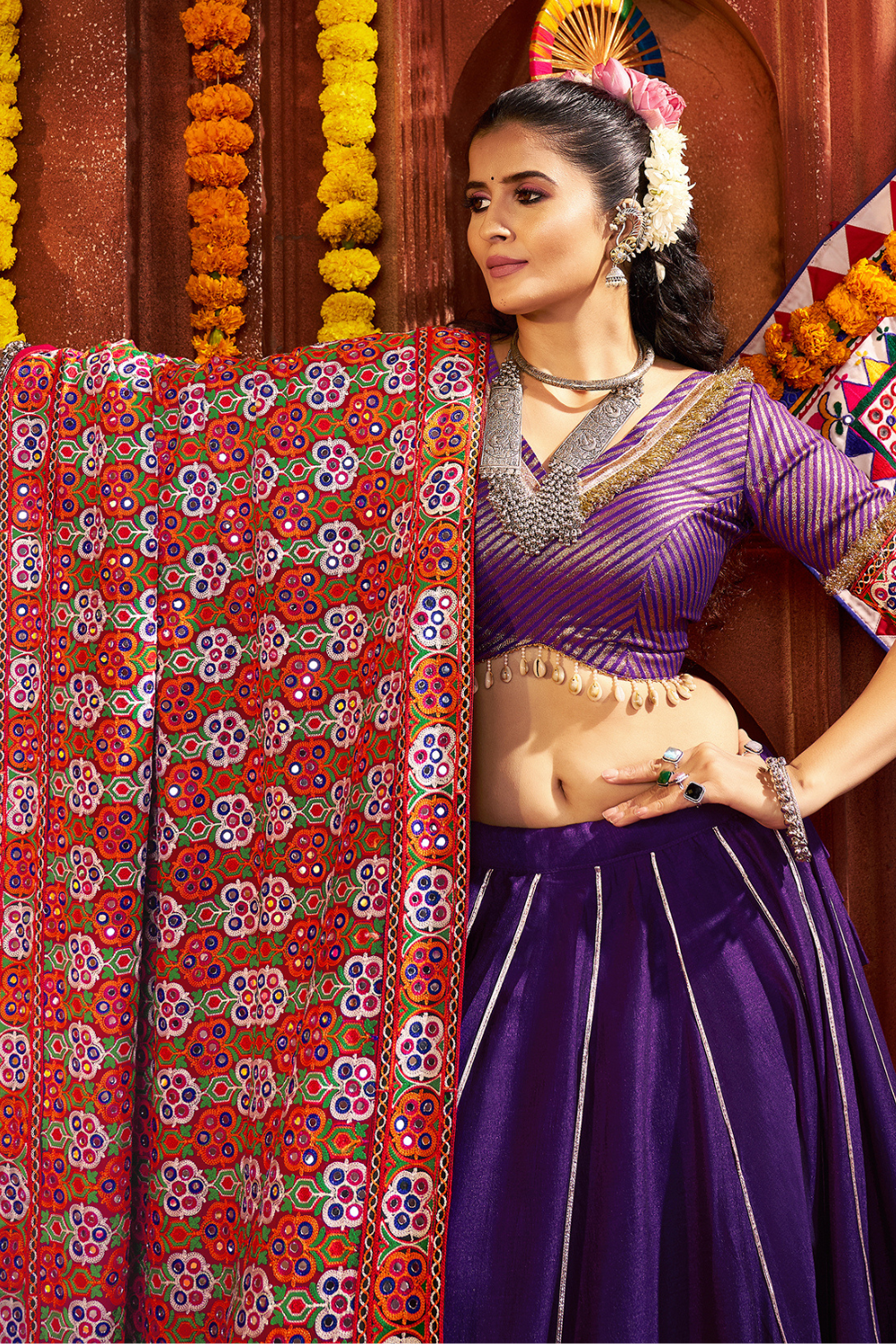 PURPLE SILK THREAD EMBROIDERED AND MIRROR WORK NAVRATRI LEHENGA CHOLI