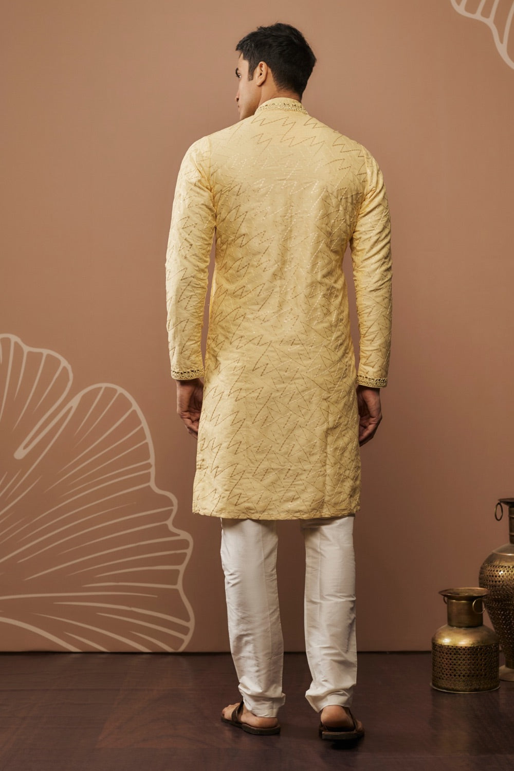 Light yellow silk kurta set with hand and machine work