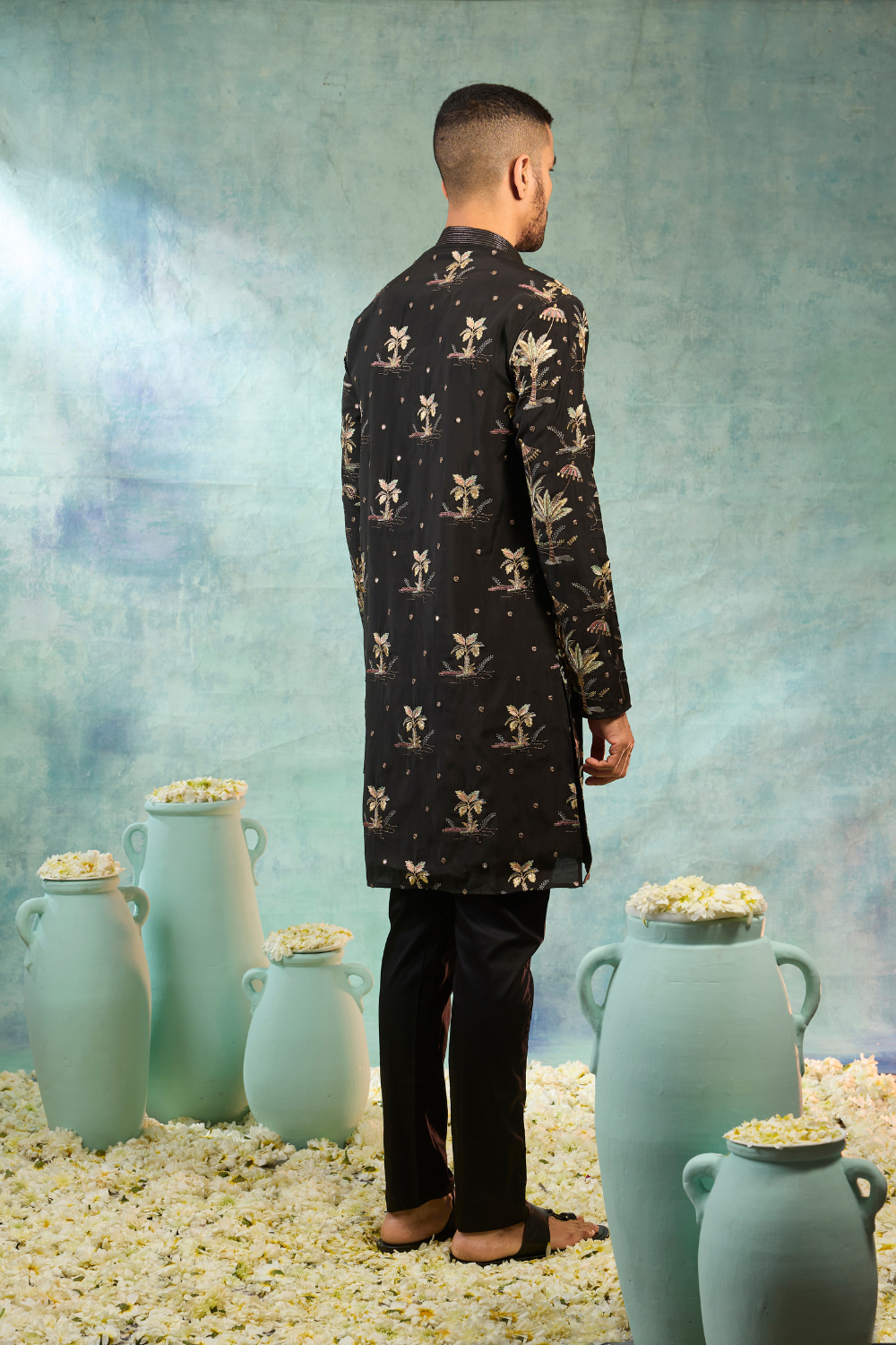 Black kurta set with golden contrast thread work