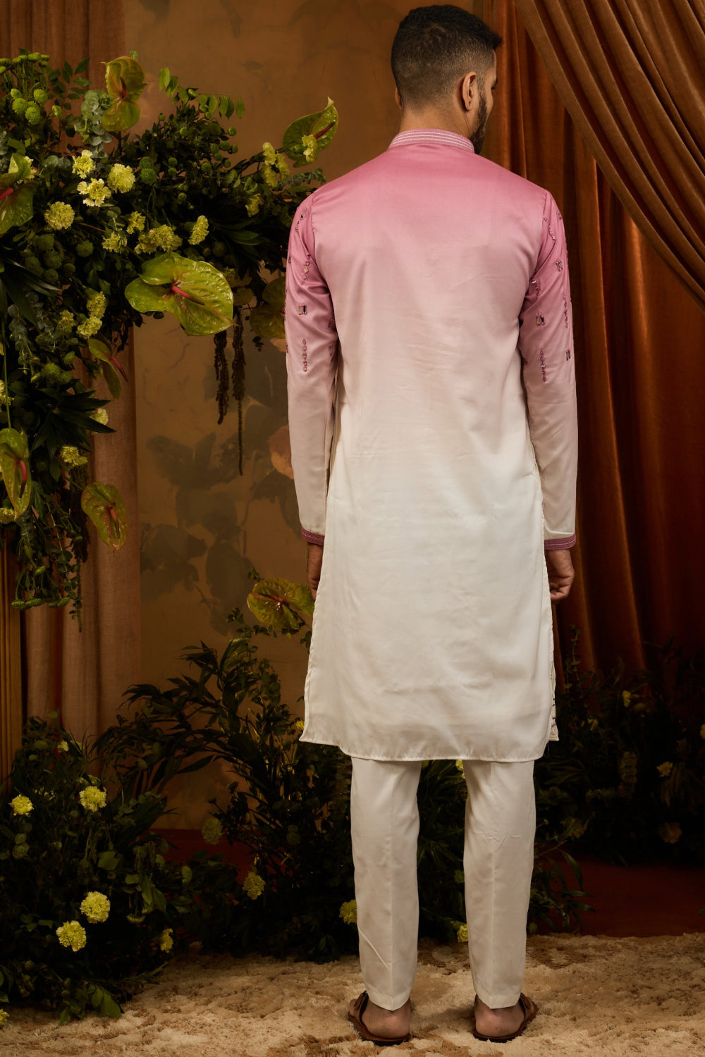 Plum-white ombre silk kurta set with thread embroidery and mirror work