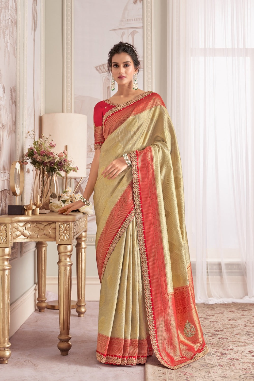 Golden banarasi silk saree with red unstitched blouse