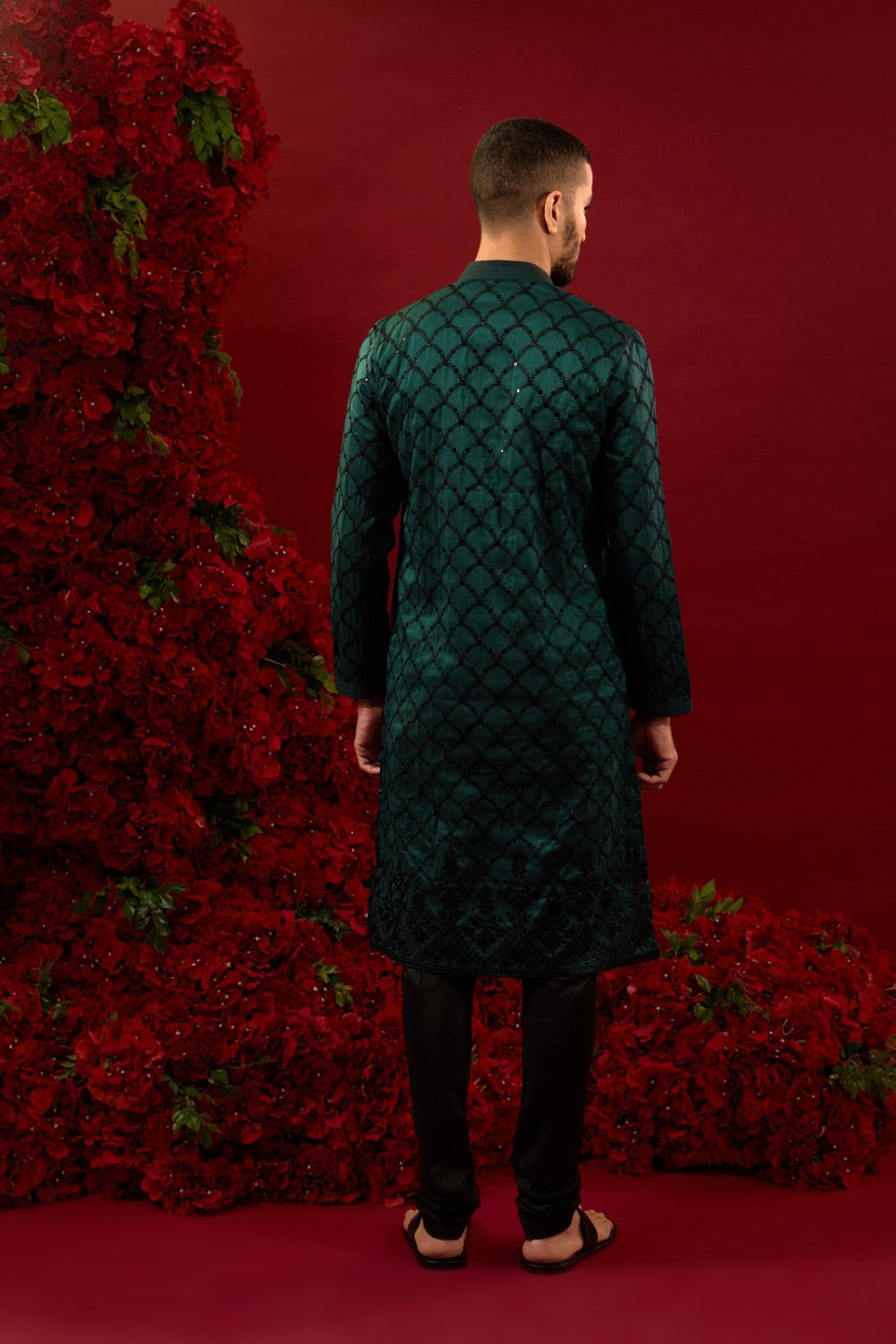 Dark green silk kurta with machine work