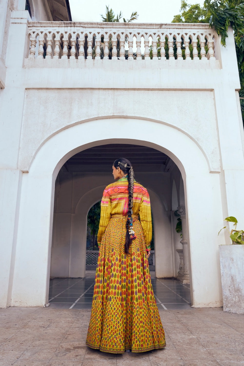 Yellow silk lehenga choli with thread work