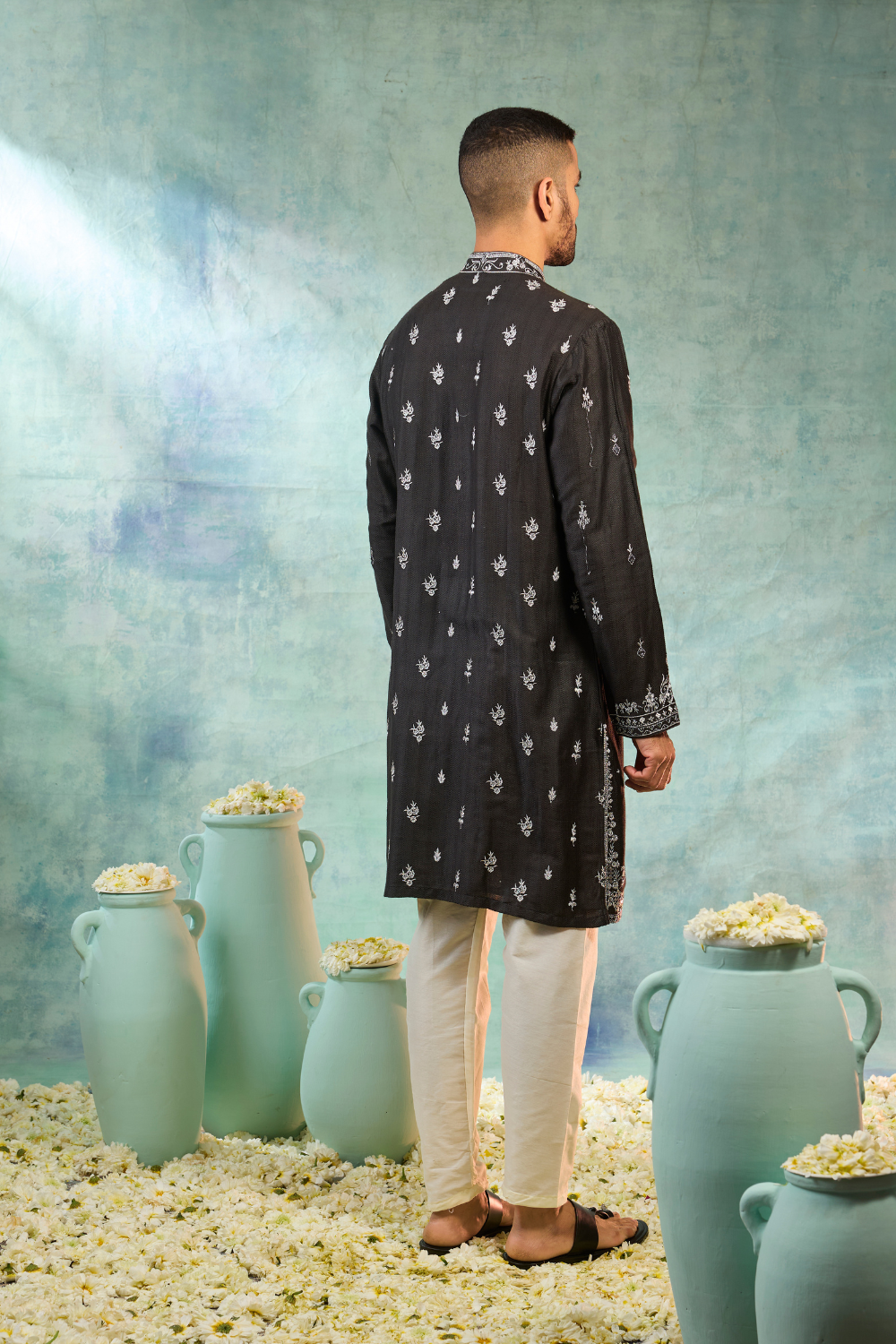 Silk black kurta set with contrast white thread work