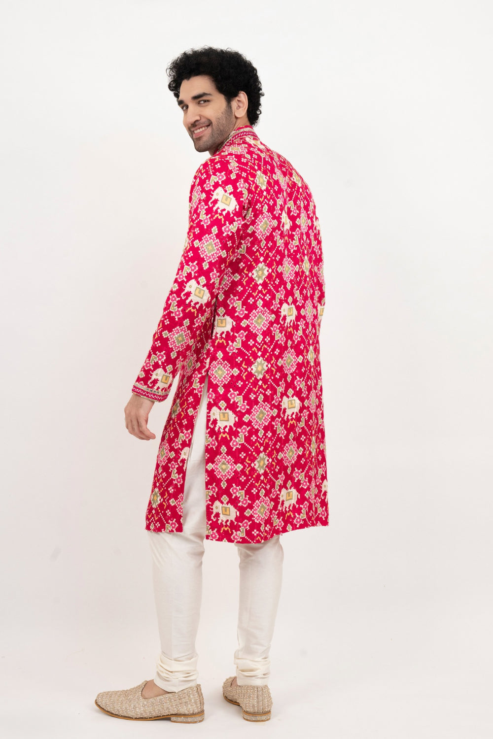 Fuchsia pink resham embroidered satin linen kurta set with kasab and mirror work