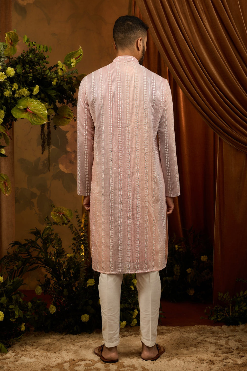 Peach silk kurta pajama set with white embroidery, sequin and thread work