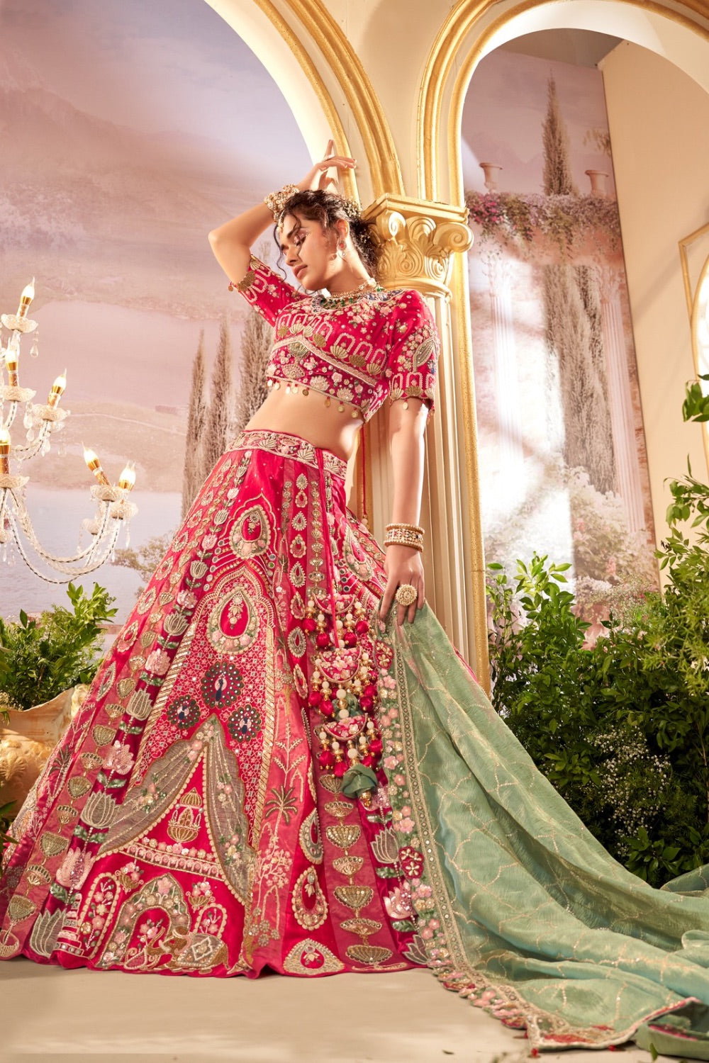 Magenta pink banarasi silk lehenga choli with machine work