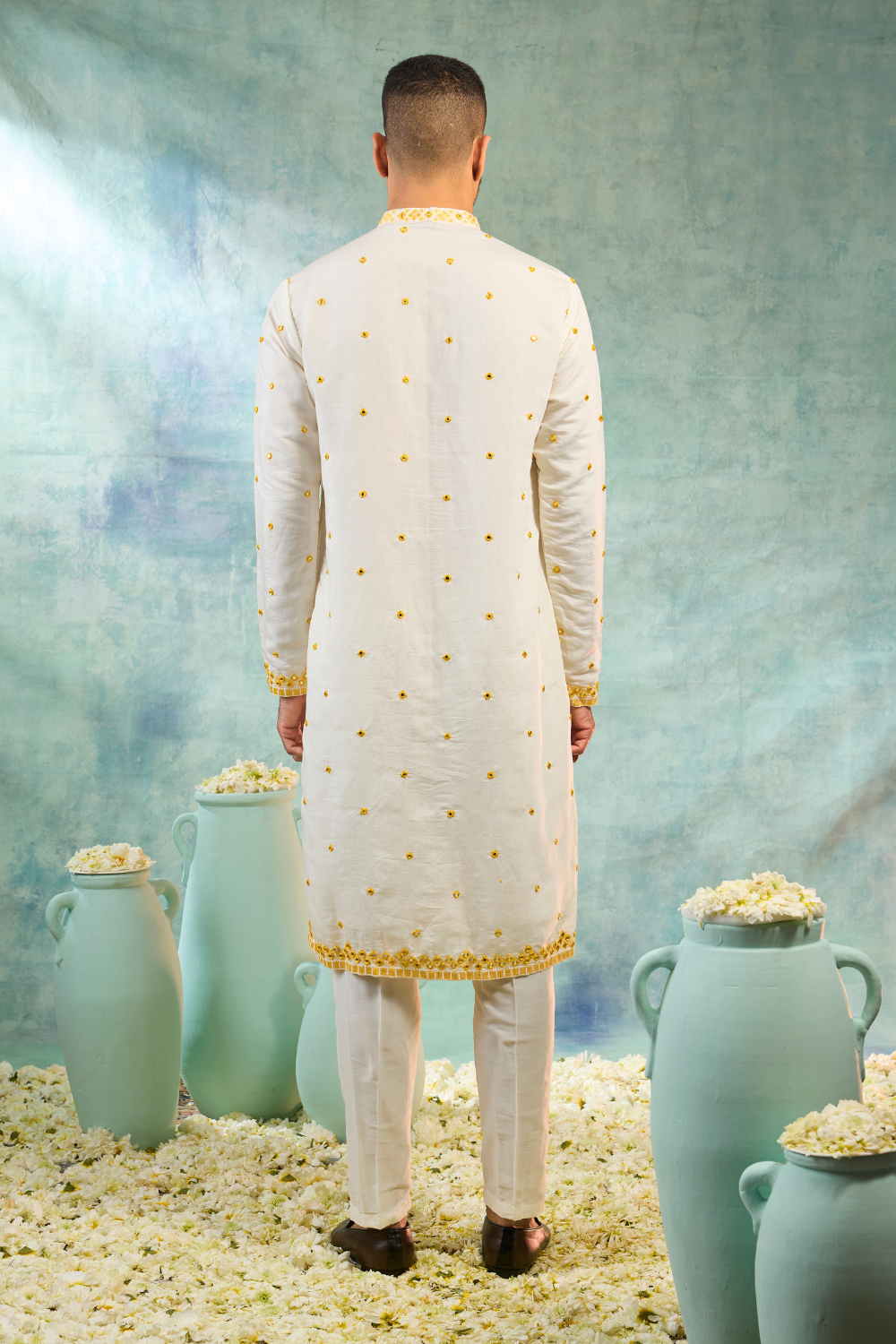 White & yellow silk koti set with thread and mirror work