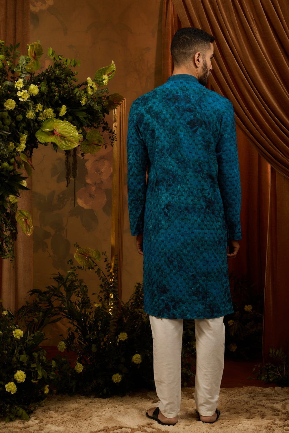 Peacock blue silk kurta set with thread work