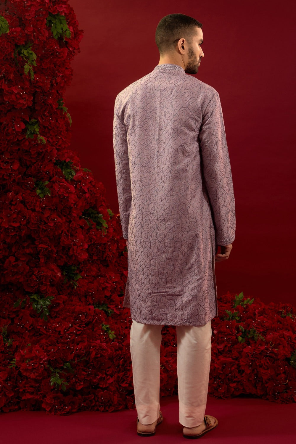 Lilac silk kurta and  pajama with  machine work