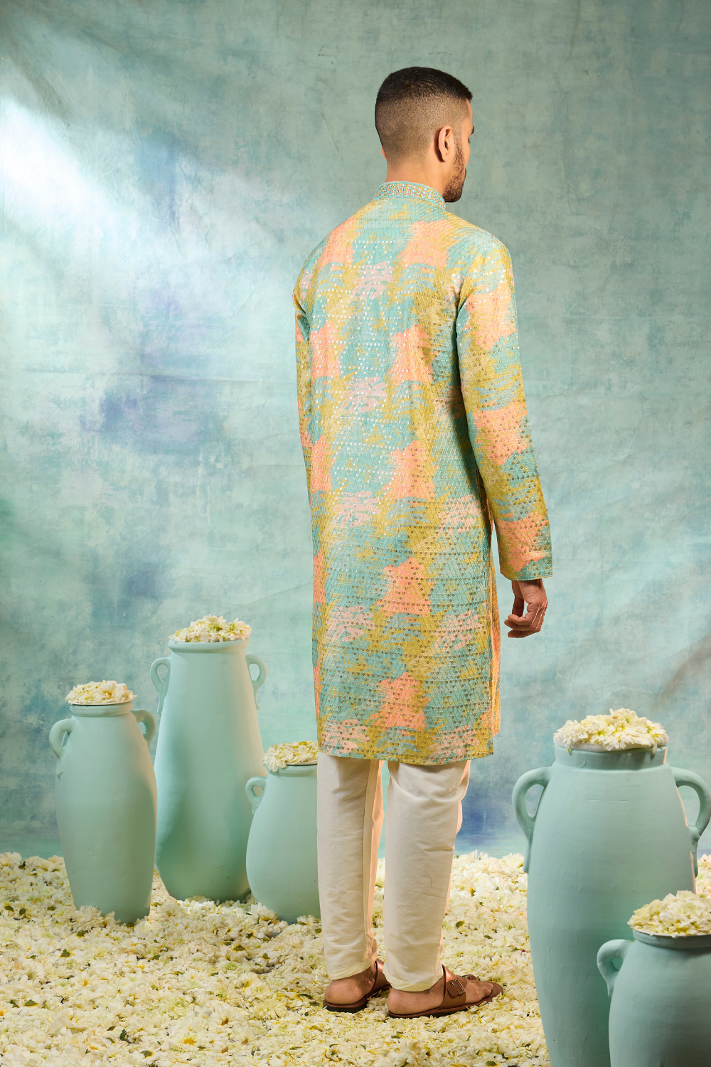 Multicolour silk kurta set with thread work and sequins work