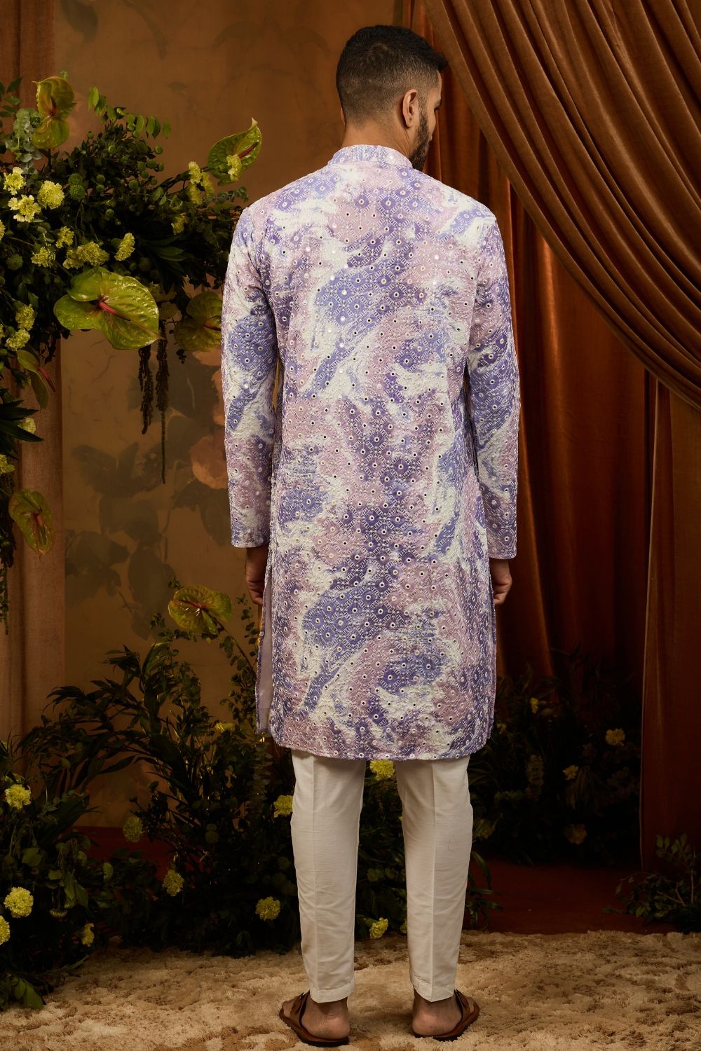 Light purple silk kurta pajama set with white embroidery and mirror machine work