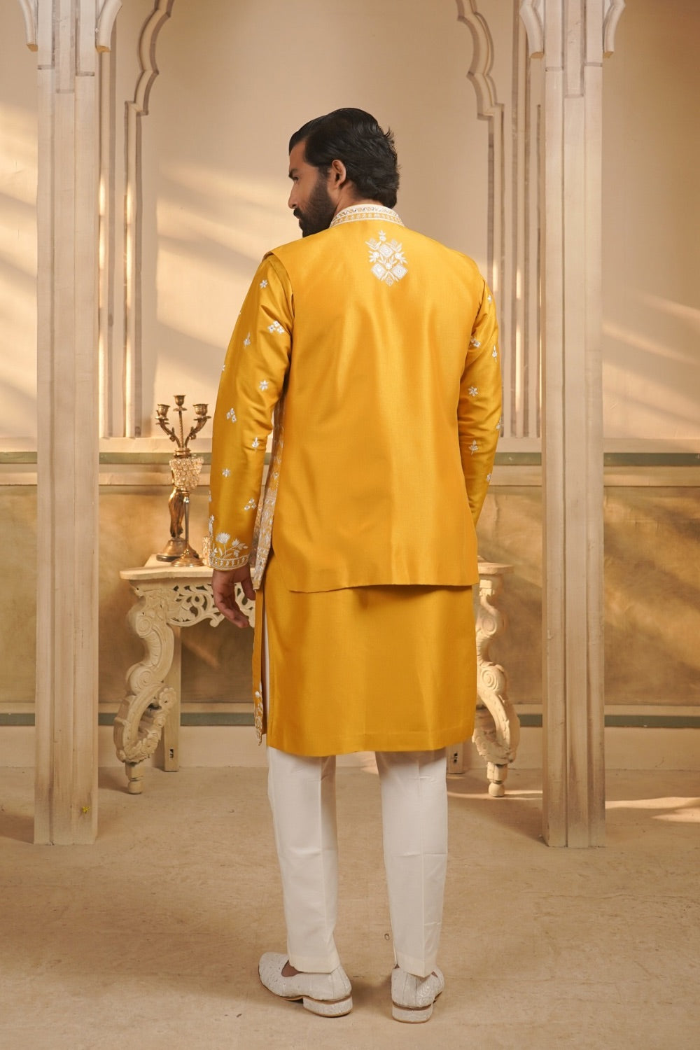 Yellow splendid silk embroidered open jacket kurta set