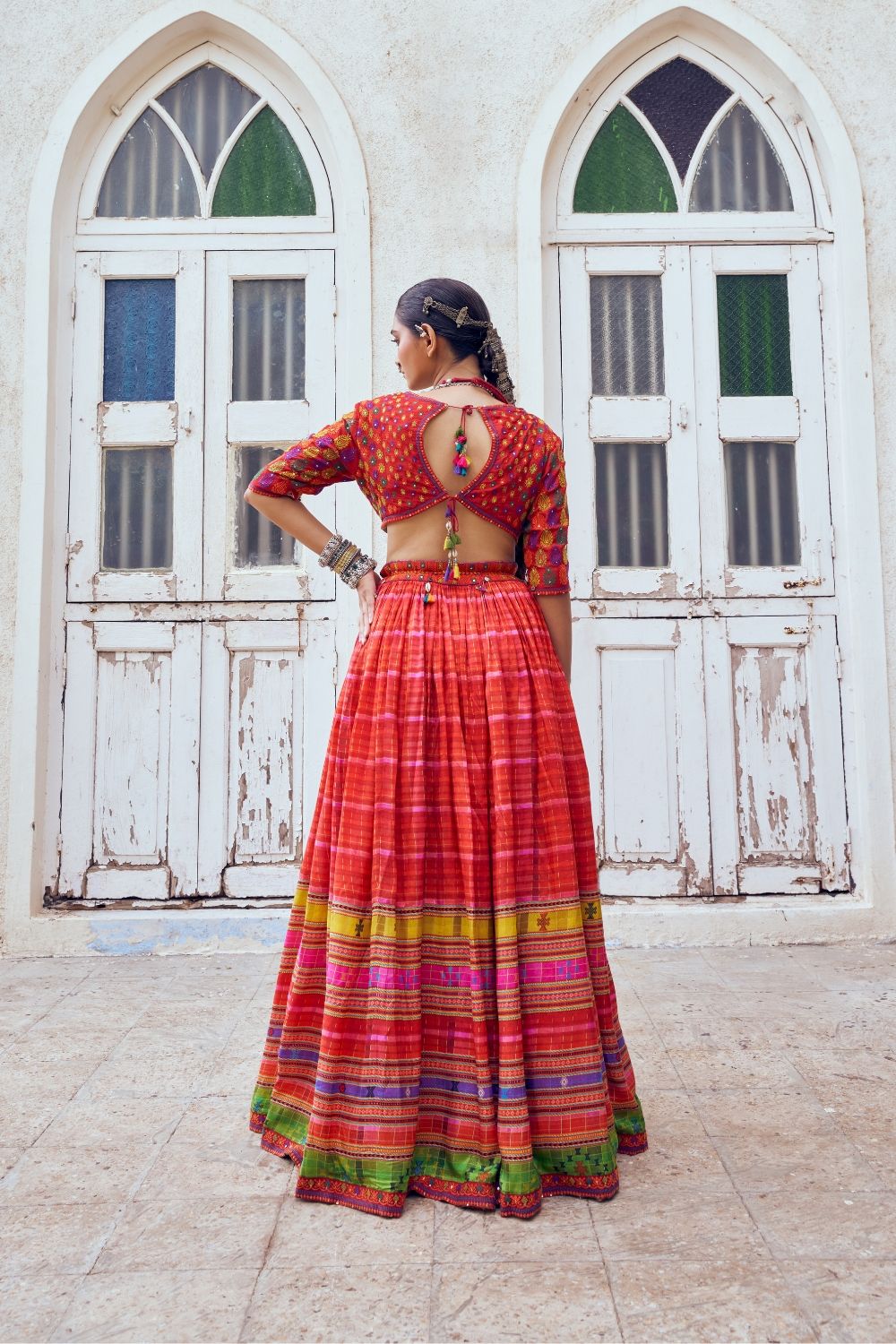 Rust silk lehenga choli with embroidery