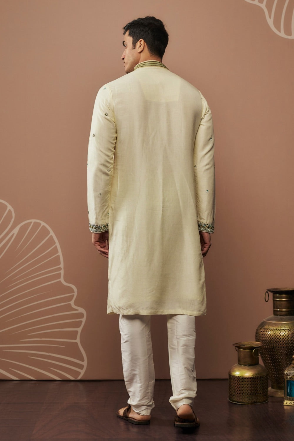 Silver silk kurta pajama with hand & machine work