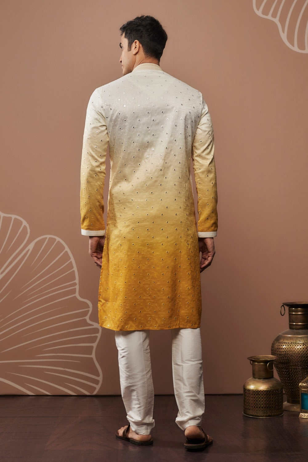 White-yellow ombre silk kurta set with hand and machine work