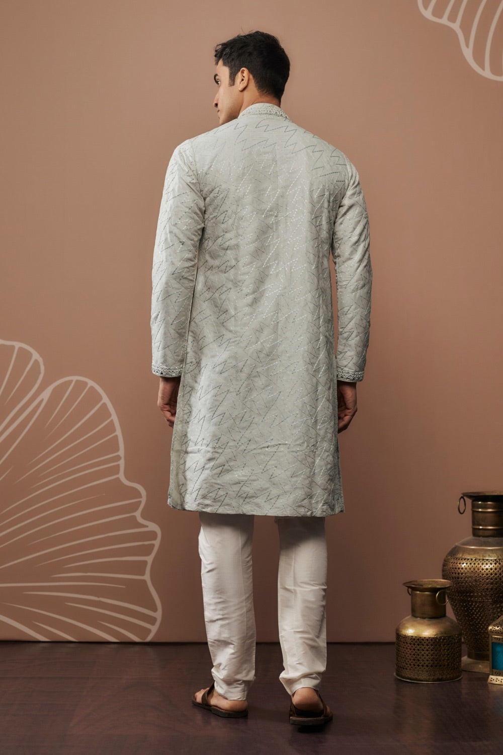 Cream white silk kurta set with hand and machine work