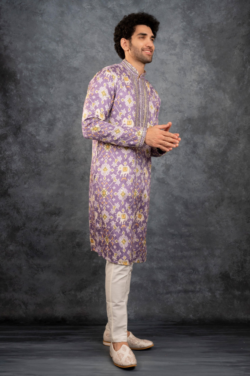 Lilac printed silk kurta set with mirror embroidery