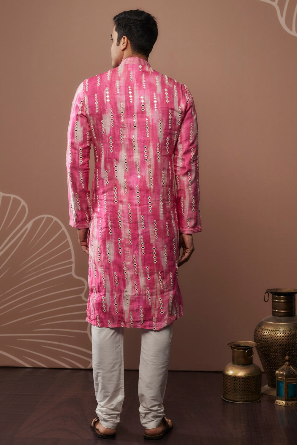 Pink and white silk kurta pajama with hand & machine work