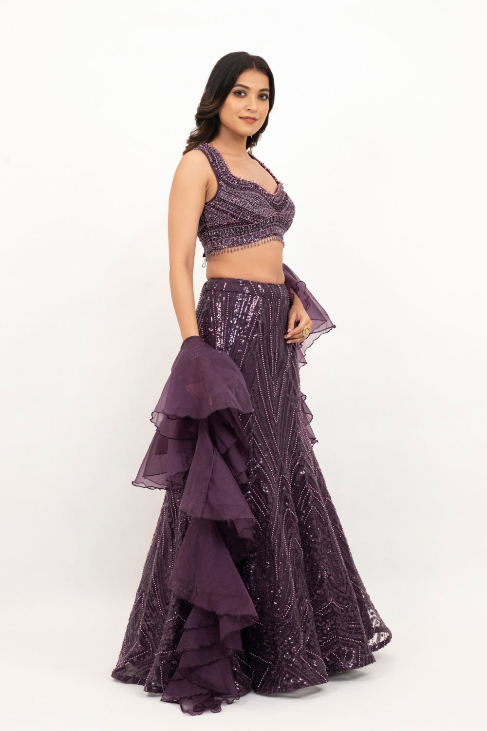 Plum net lehenga choli with sequins and hand cut dana work