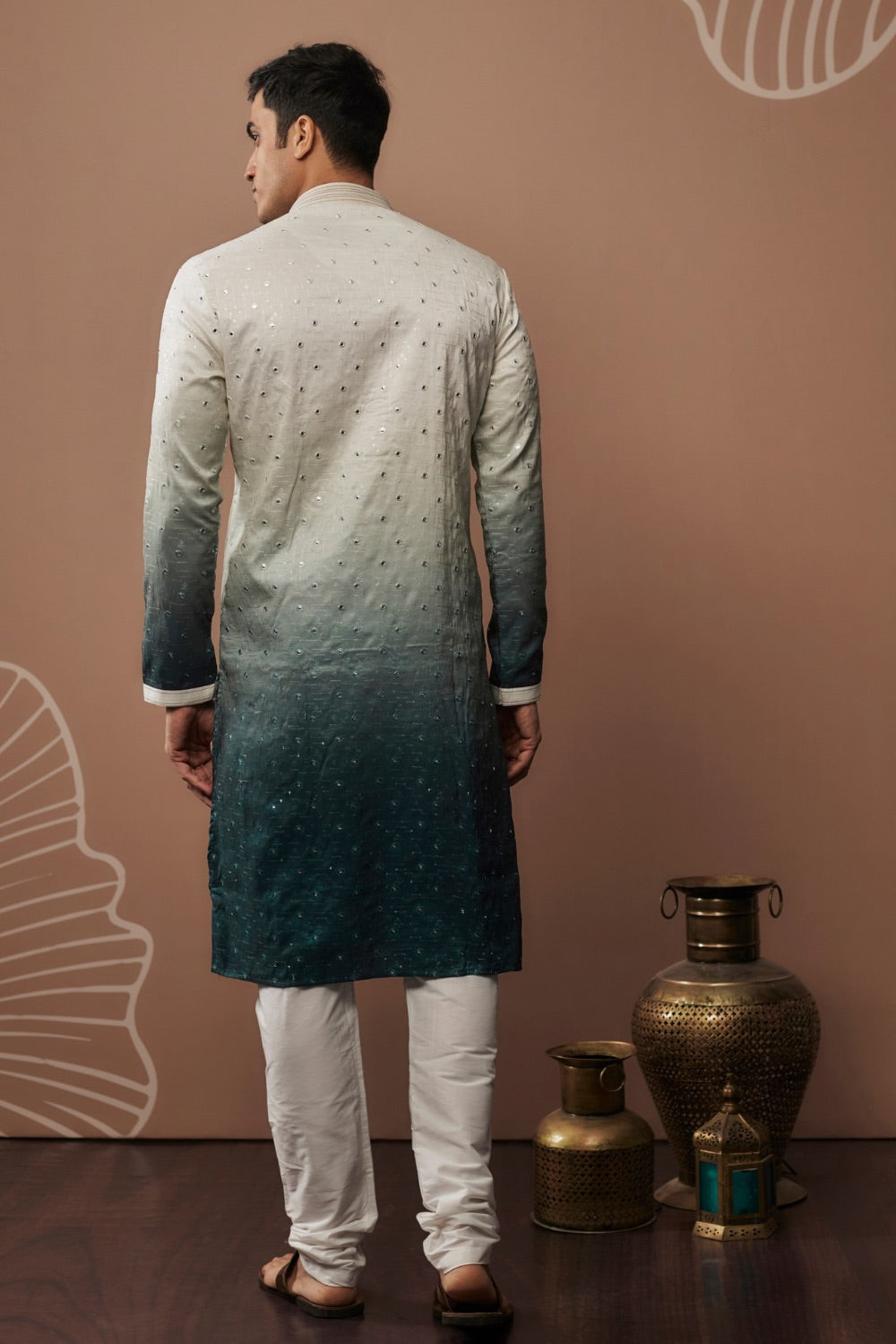 Blue shaded silk kurta and pajama with hand and machine work