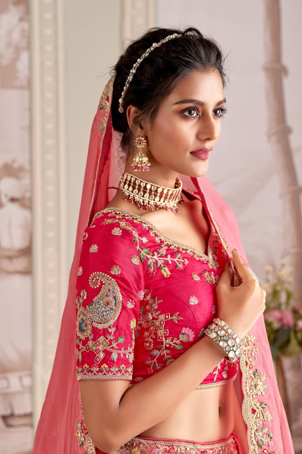 Rouge pink tissue silk lehenga choli with machine work