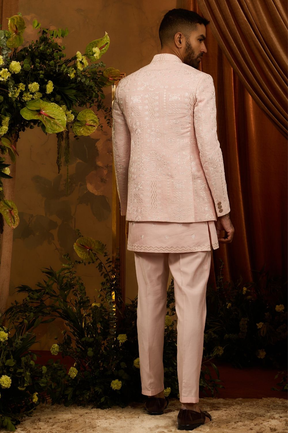 Peach silk open jodhpuri with white thread embroidery work