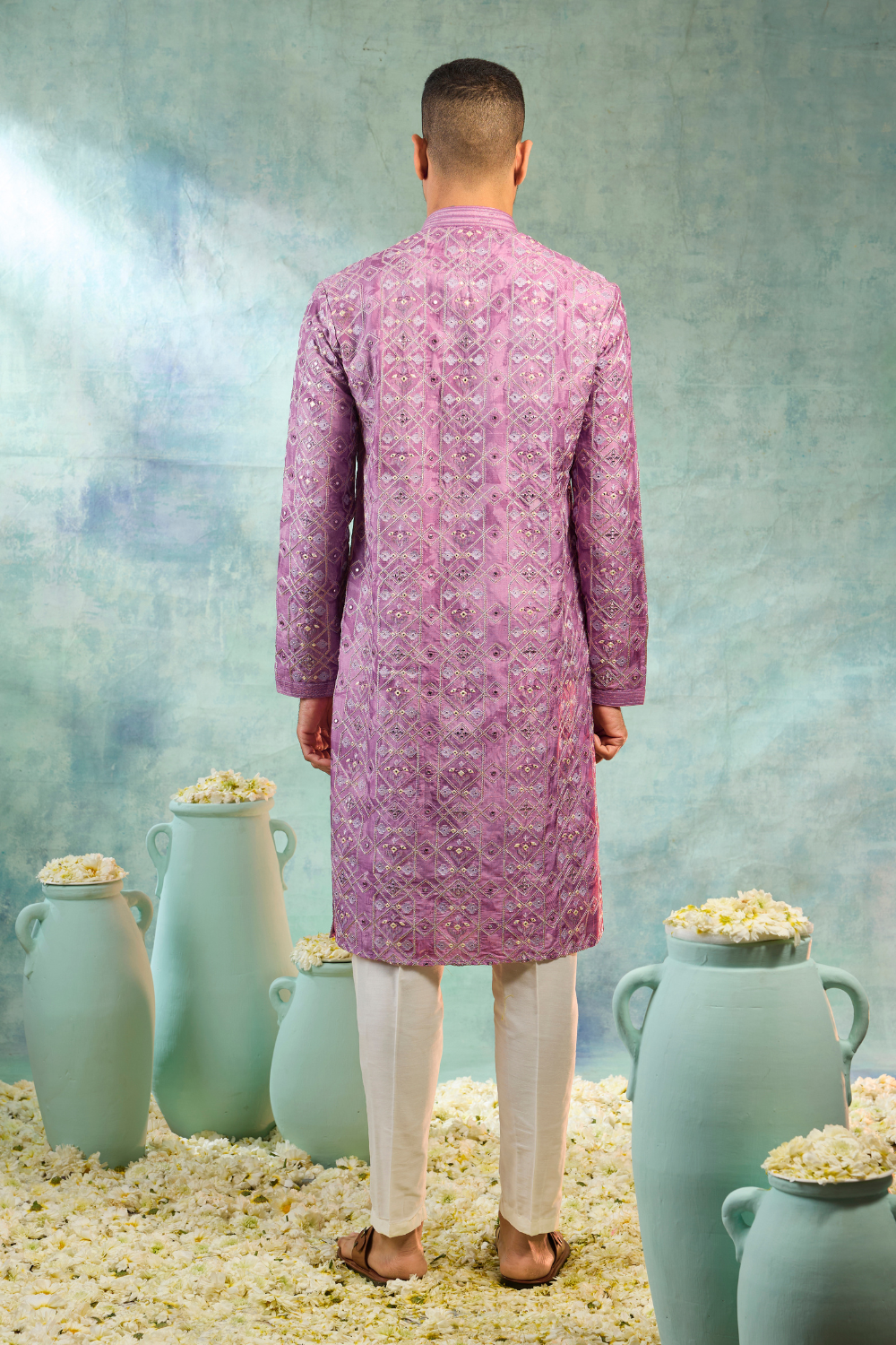 Deep pink kurta with golden thread and mirror work with pyjamas